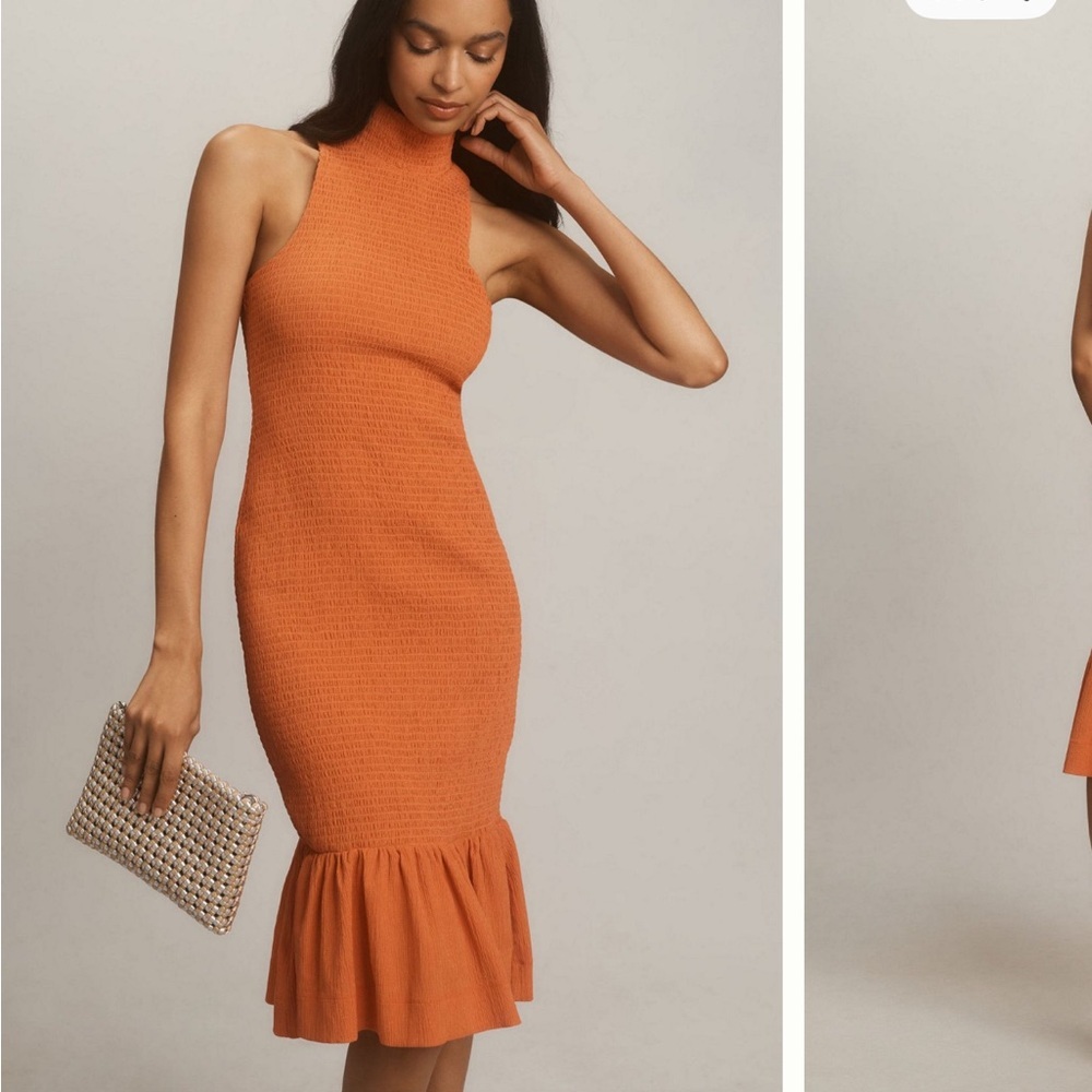 Anthropologie Sleeveless Mock Neck Textured Midi Dress Orange Sz XS